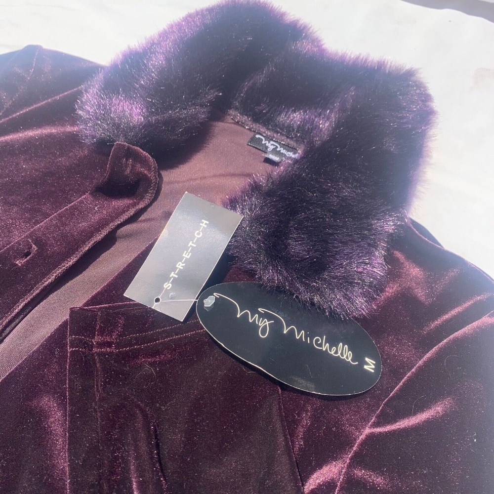My Michelle Purple Velour Sweater With Faux Fur Collar -Womens Size (M) Cardigan